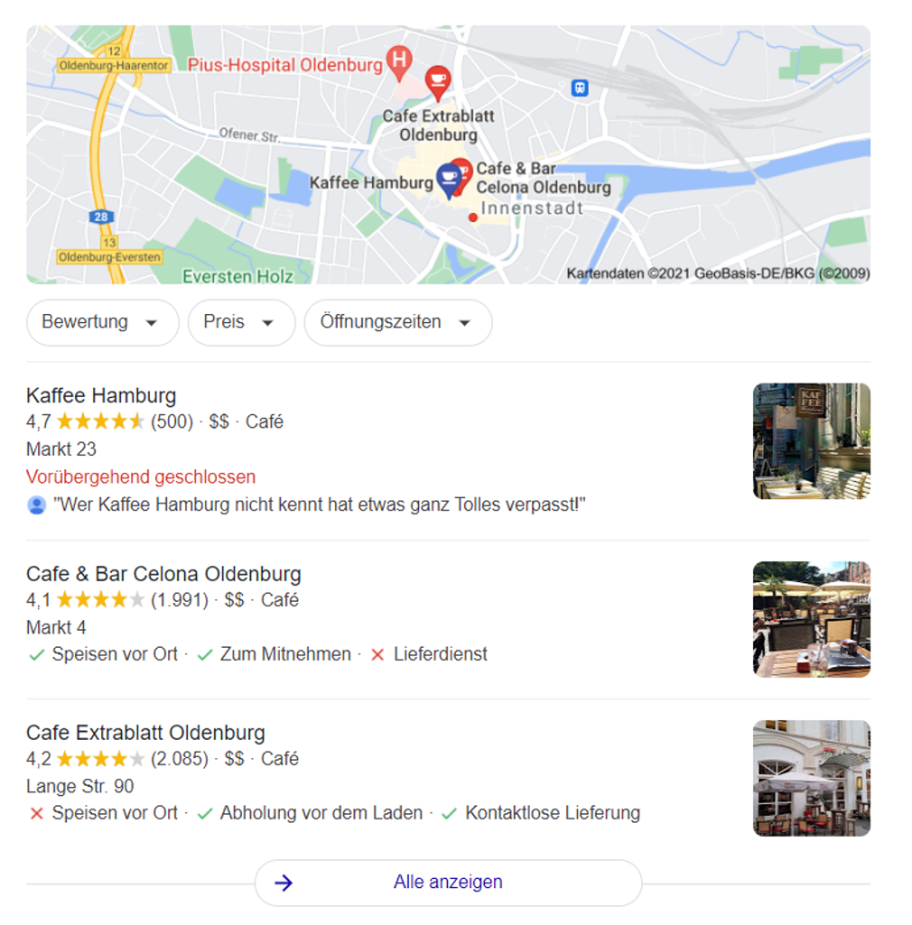 Google Lokal zeigt Brancheneinträge für lokale Unternehmen, wenn jemand eine Suche in dieser Gegend durchführ
