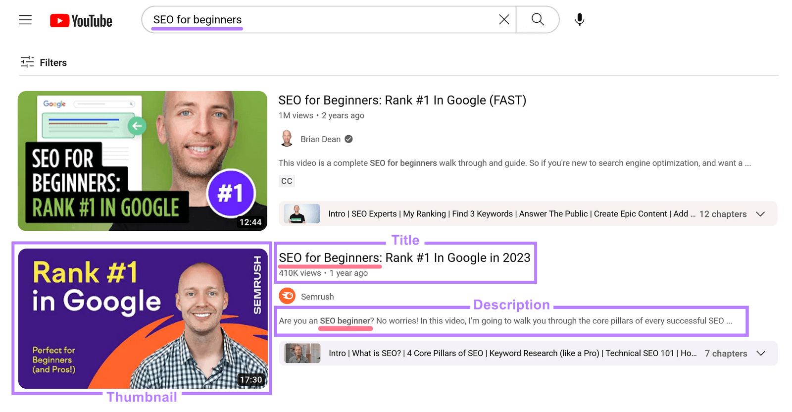"SEO for beginners" search on YouTube with the title, thumbnail, and description for a result highlighted.