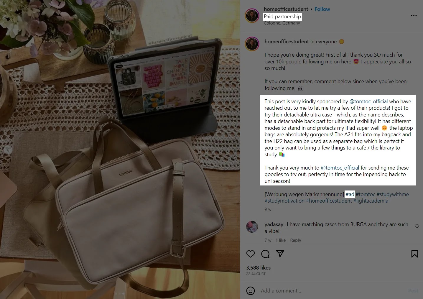 Instagram influencer @homeofficestudent's paid partnership post with Tomtoc