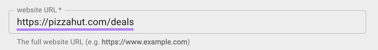 "https://pizzahut.com/deals" entered under "website URL" field