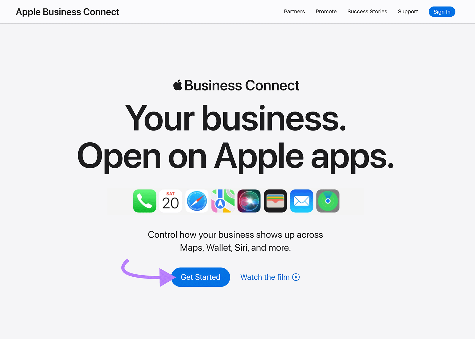 Landing page with headline and app icons. Purple arrow points to Get Started.