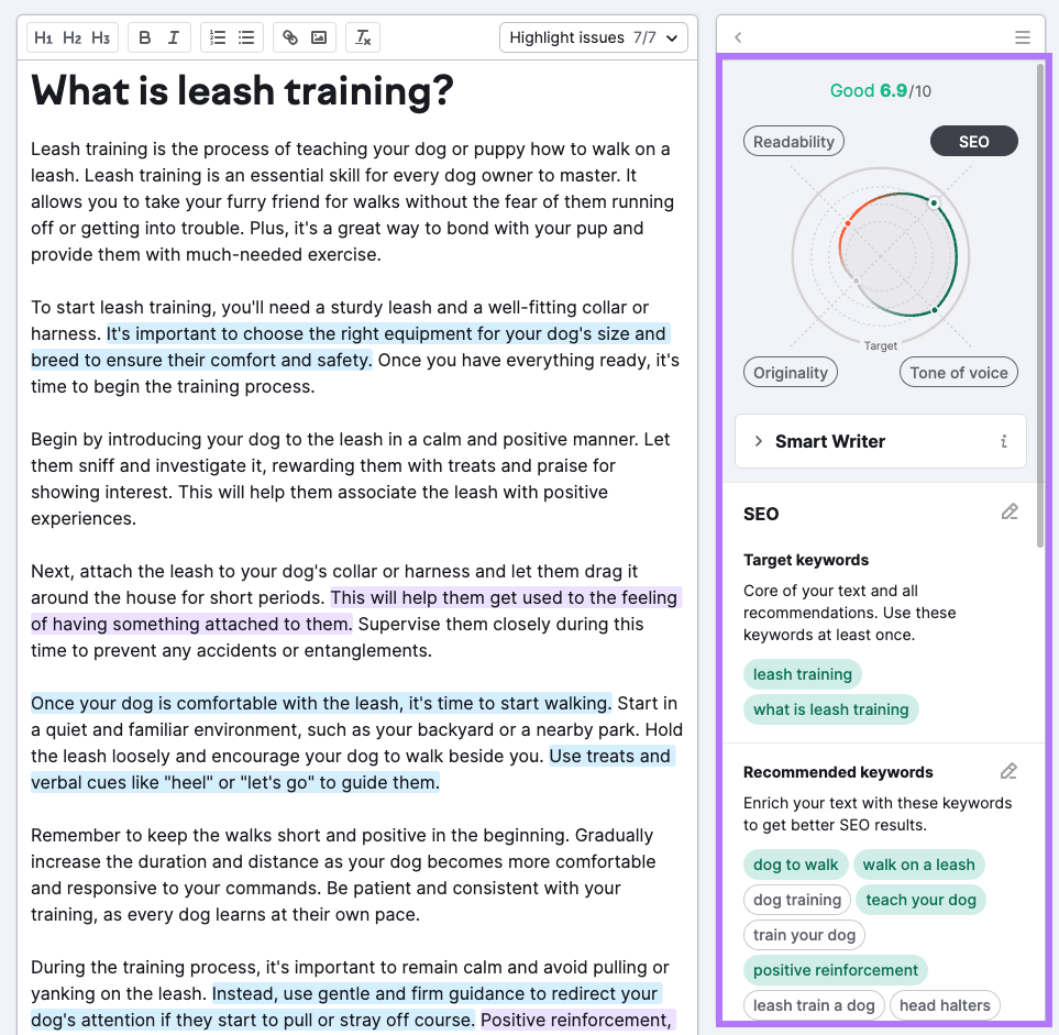 An nonfiction  connected  "What is leash training" connected  the left-hand broadside  and "SEO" recommendations conception  connected  the right-hand broadside  successful  SEO Writing Assistant