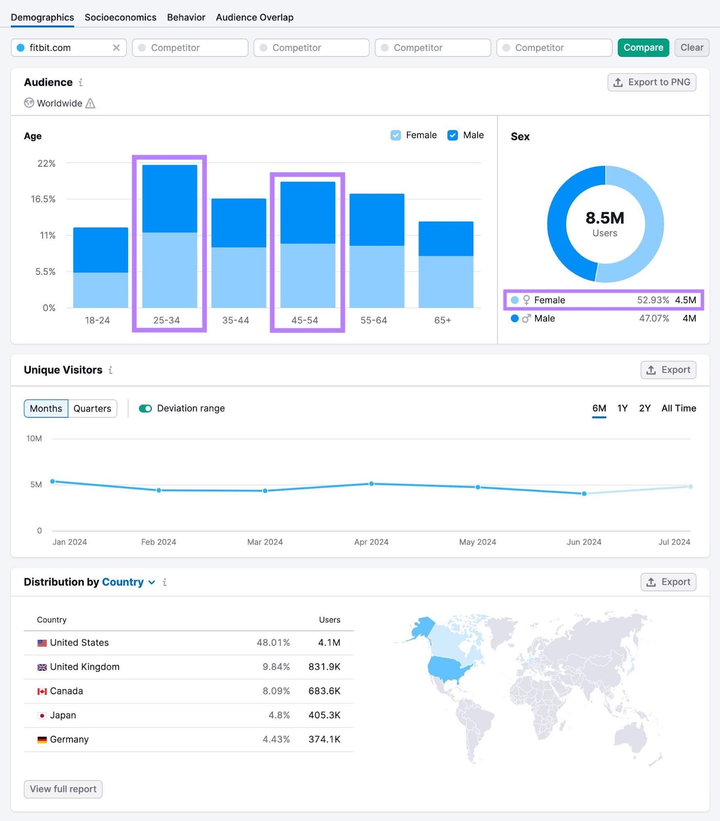 "Demographics" report on One2Target showing the age & gender distribution, unique visitors, and countries of a domain's audience