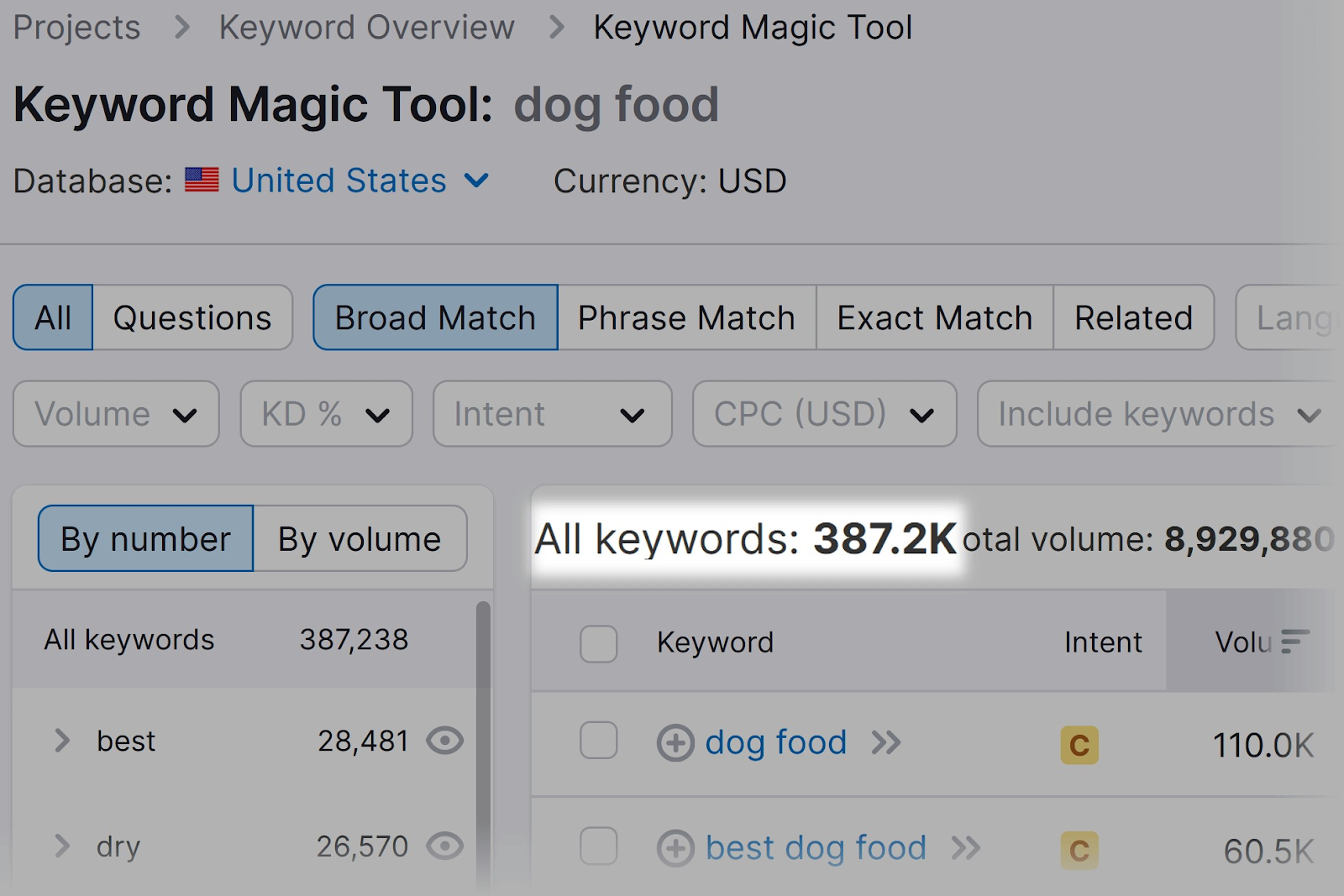 Keyword Magic Tool show results for 387,2k keywords related to “dog food”