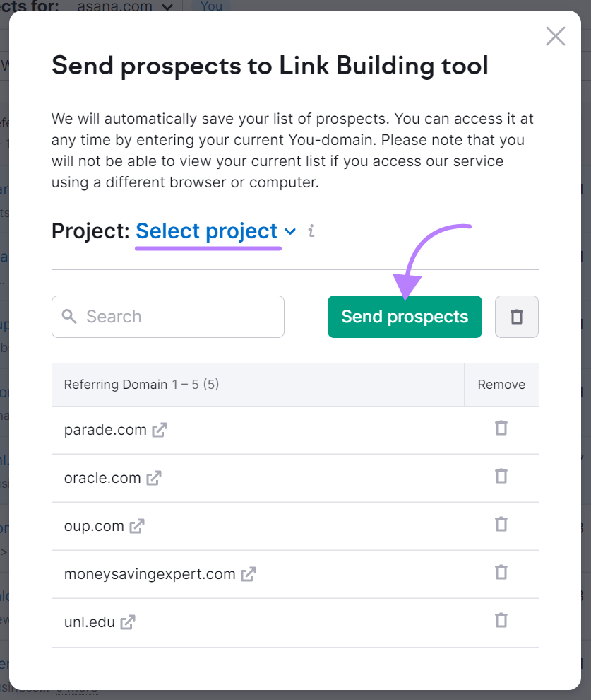 "Send prospects to Link Building Tool" pop-up window