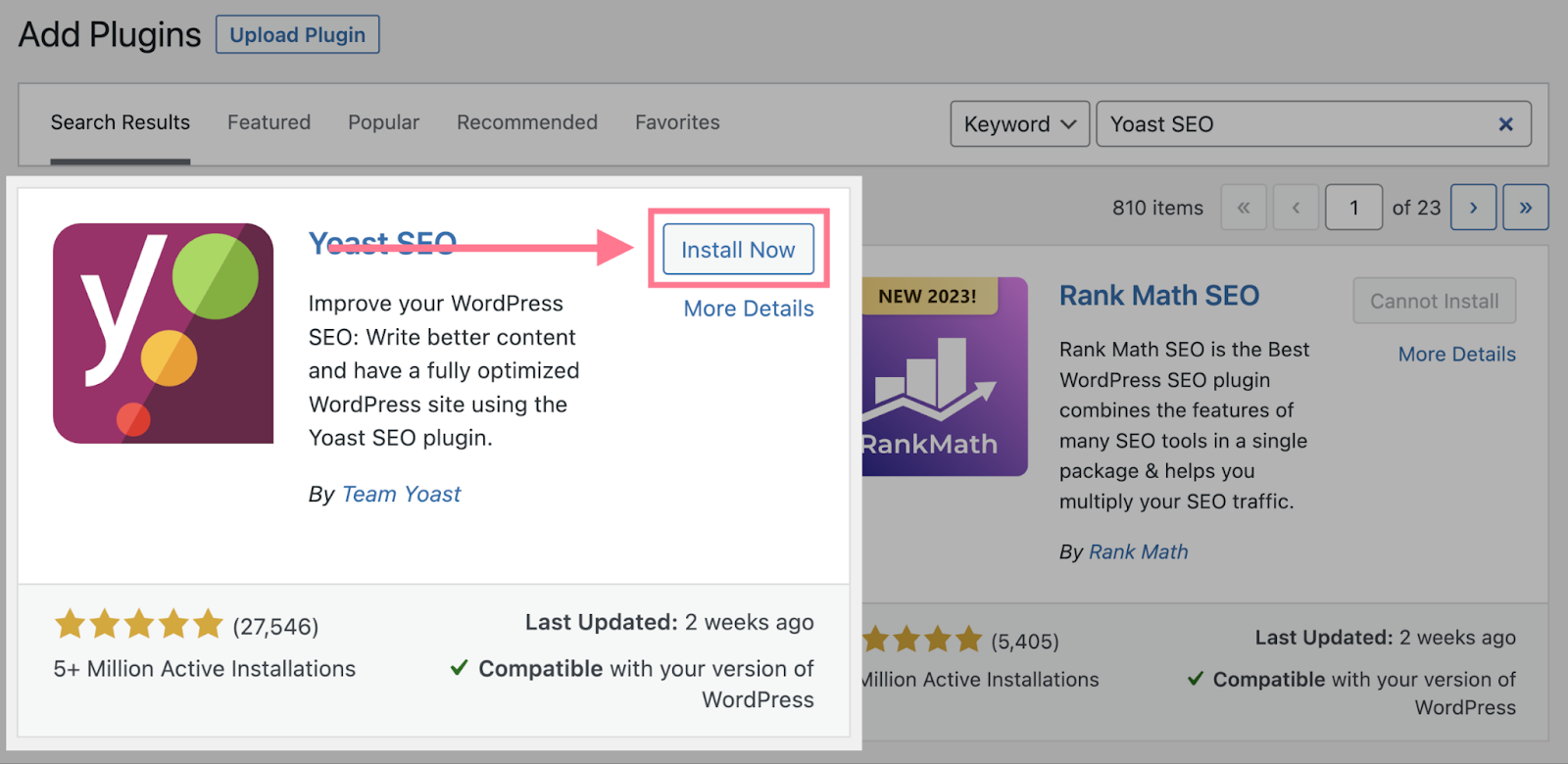 Yoast SEO plugin box install now button