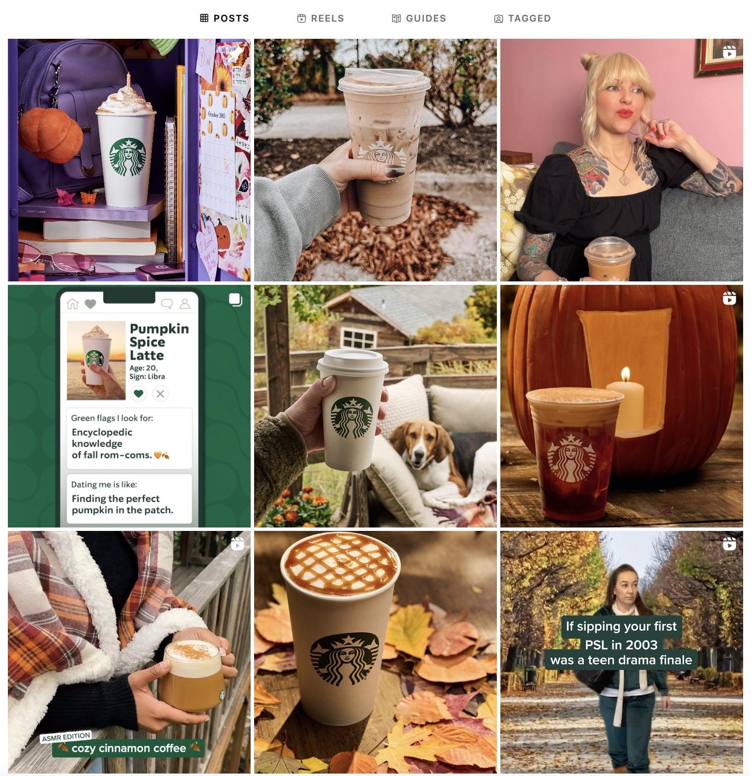 Starbucks account showing autumn and winter vibe posts