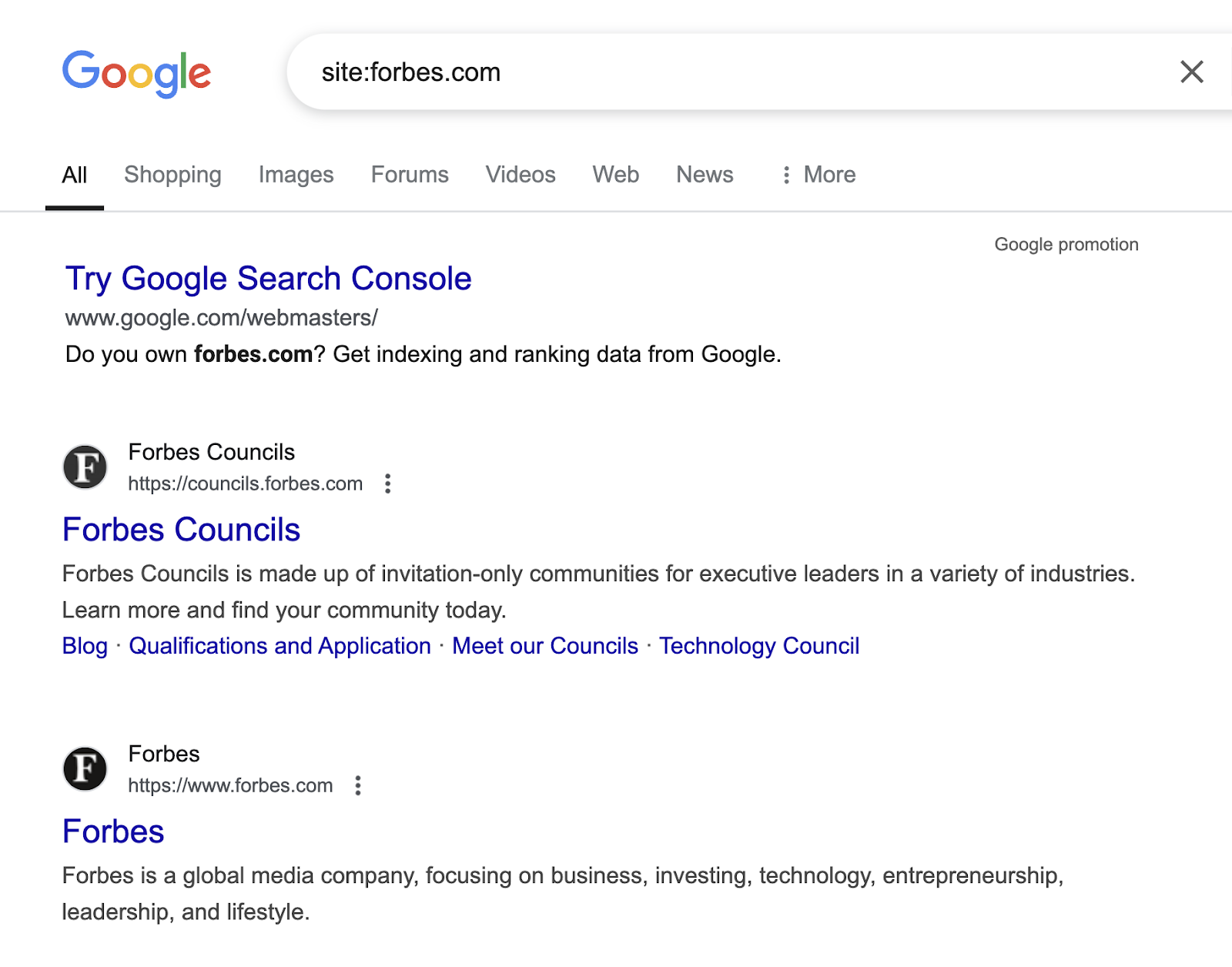 A site search for forbes.com pulls indexed pages into the SERP.