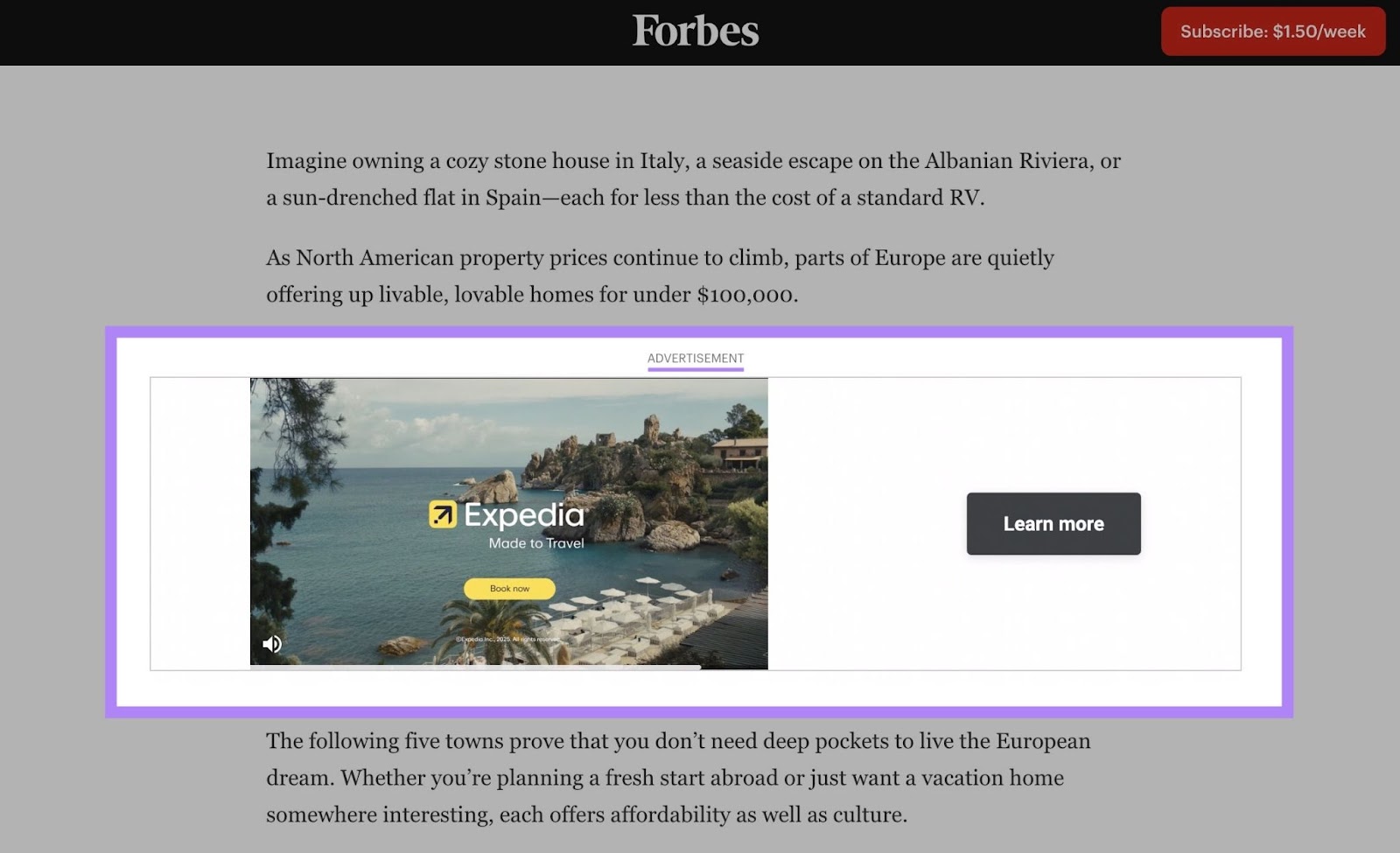A display ad by Expedia appearing on an article by Forbes.