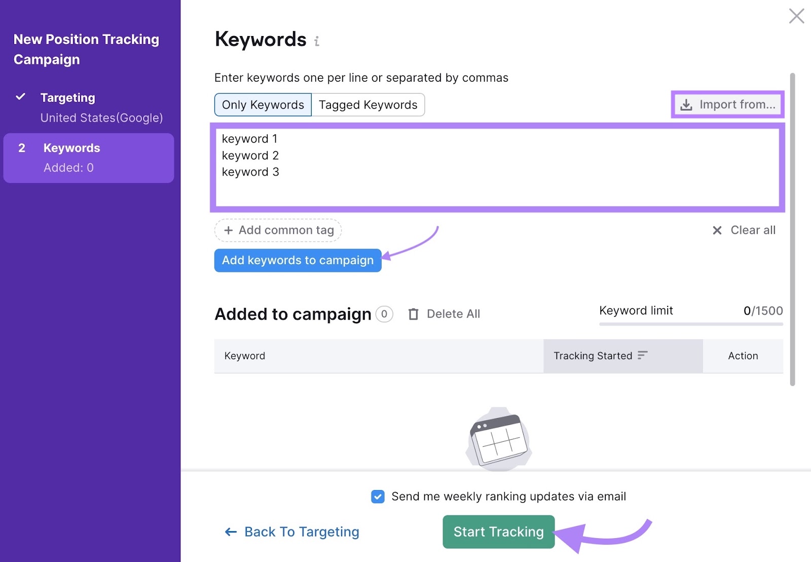 Keywords settings page on Position tracking with keywords entered in the input box and the "Start Tracking" button clicked.