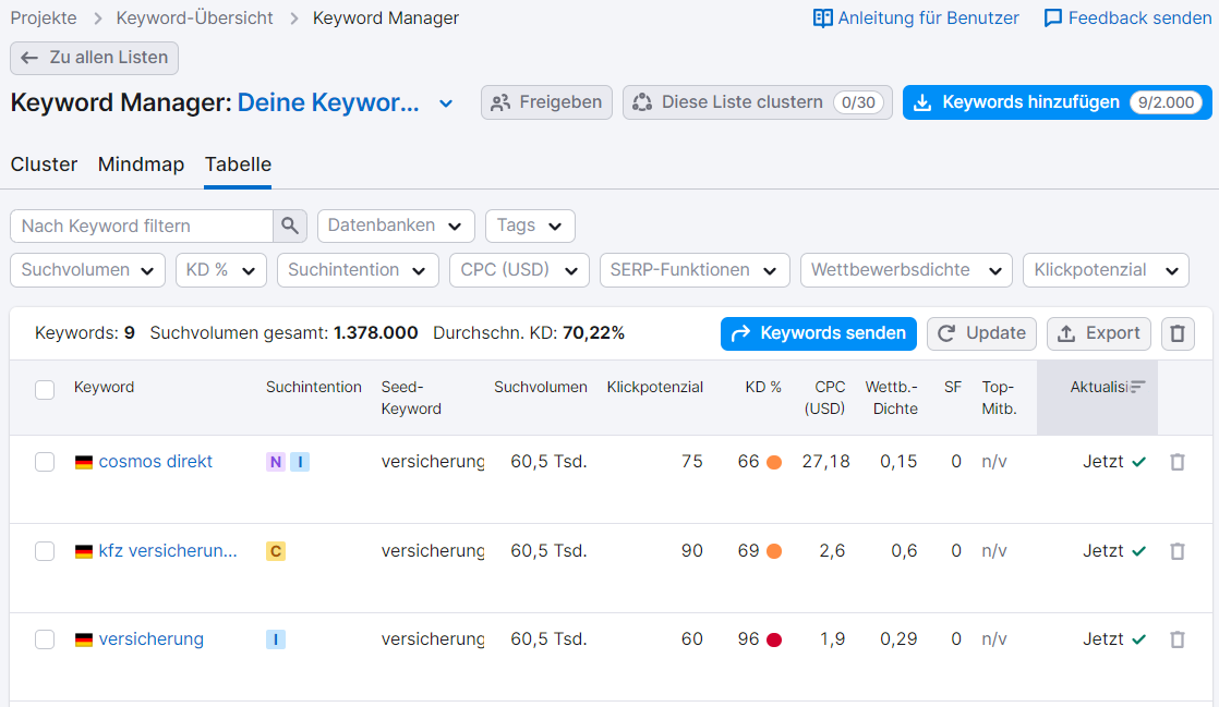 Beispiel einer Keyword-Liste im Keyword Strategy Builder