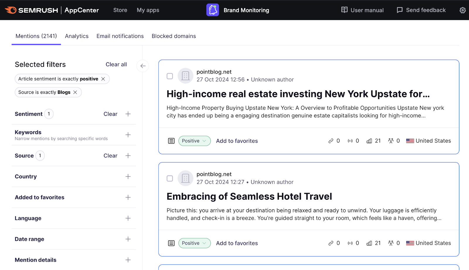 brand mentions filtered for positive sentiment and blog posts as a source