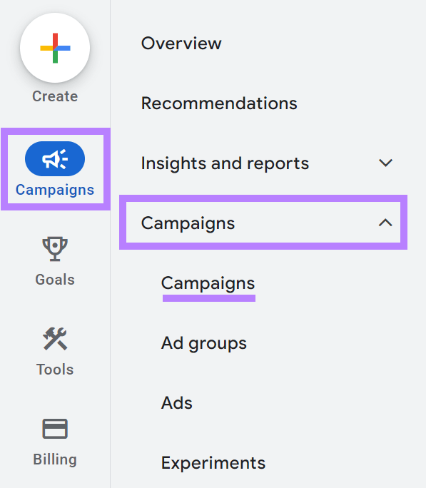 navigating to "Campaigns" in Google Ads account
