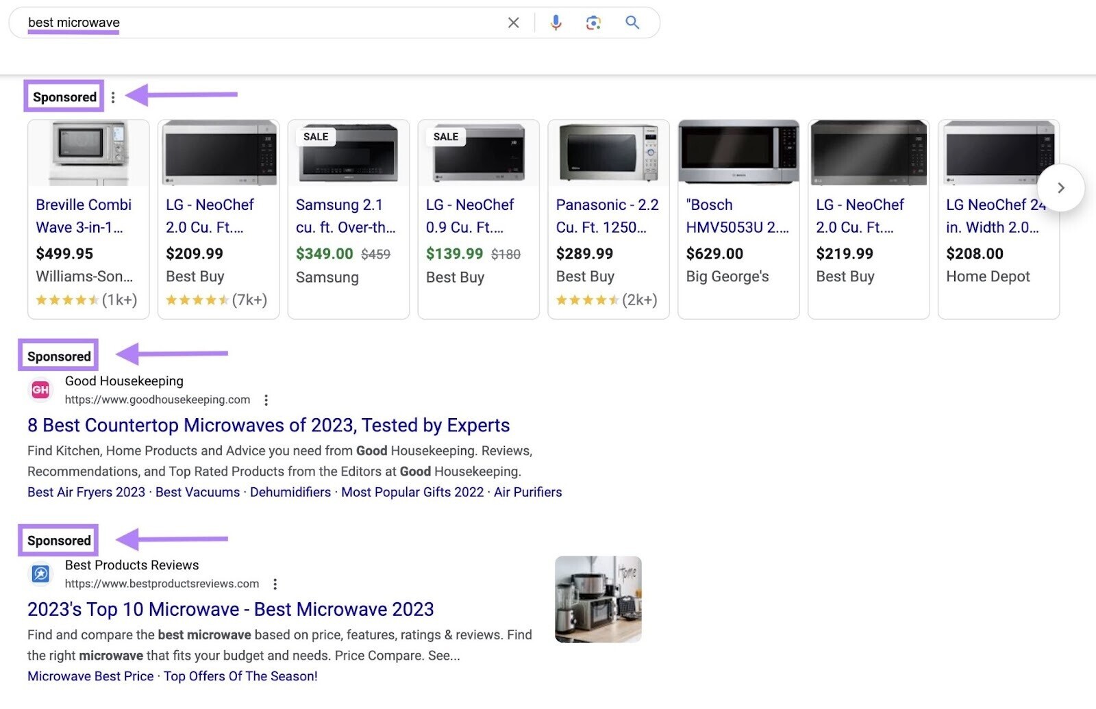 Google SERP for “best microwave” is populated by PPC ads
