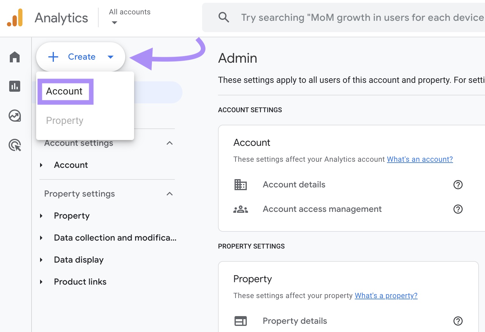 "Create" and "Account" buttons highlighted in Google Analytics