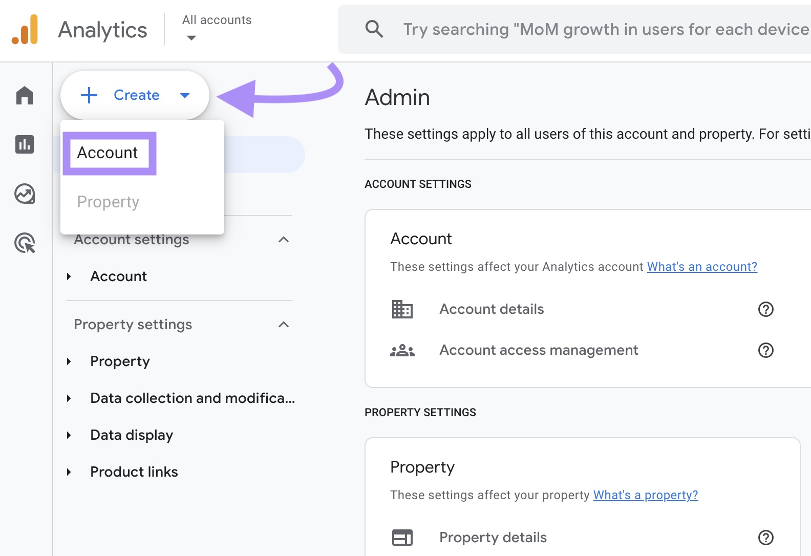 Botones "Crear" y "Cuenta" resaltados en Google Analytics