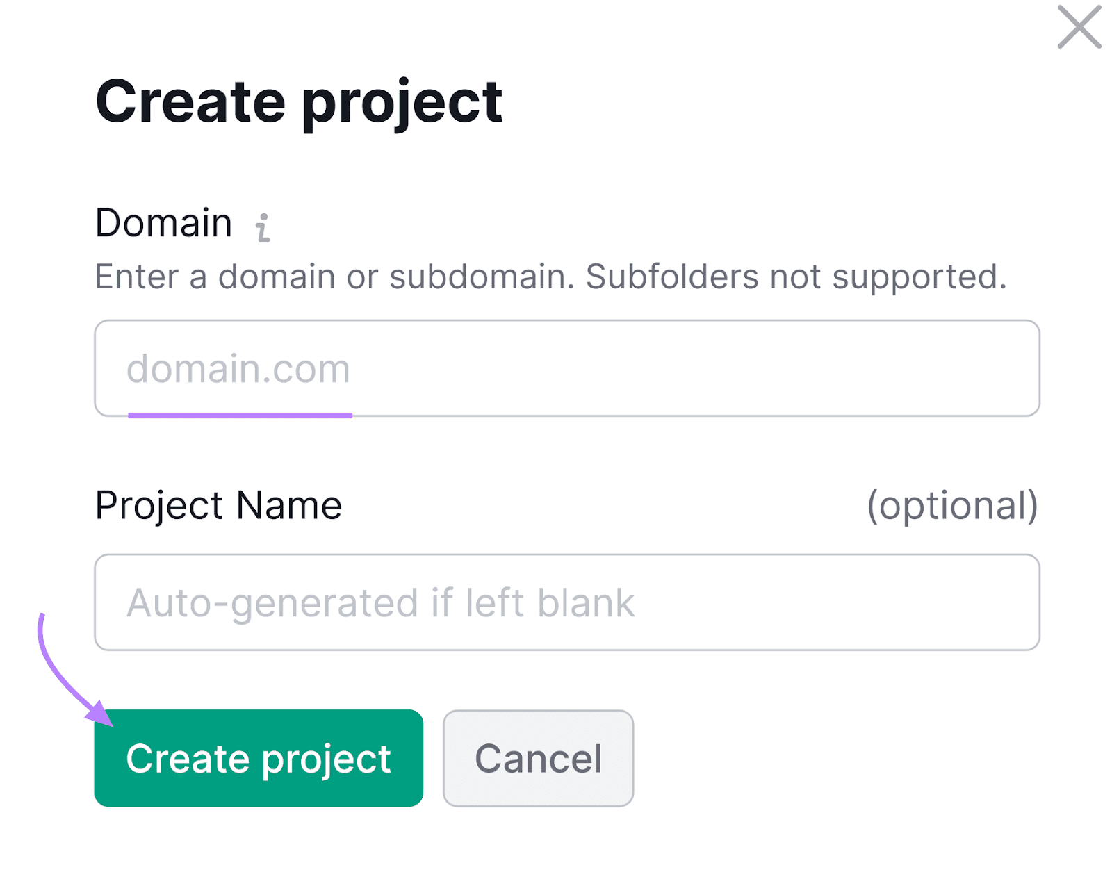 Position Tracking screen for creating a new project with fields for domain and optional project name