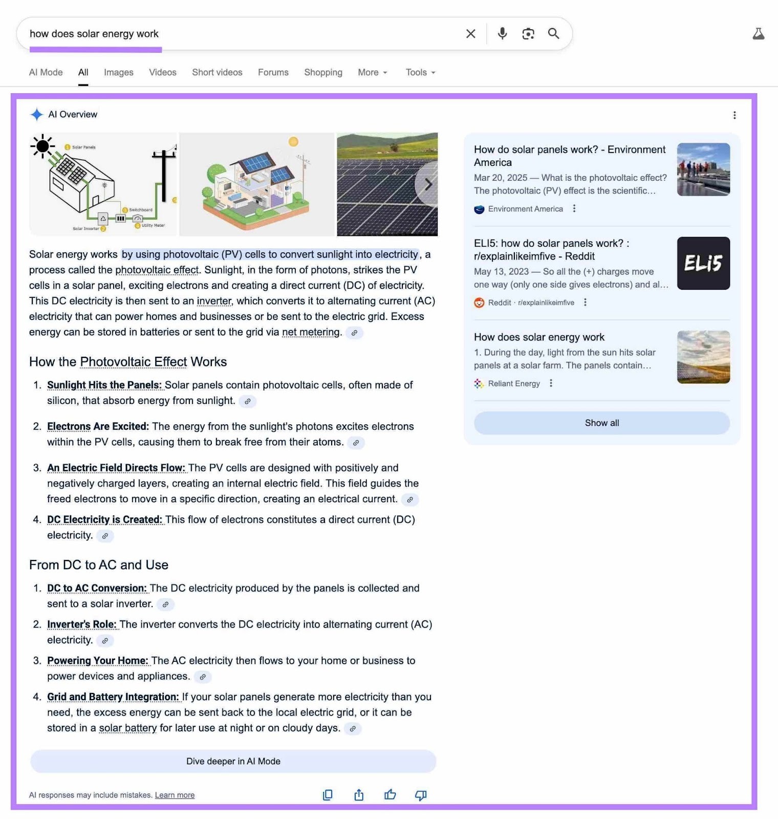 Google SERP pour le terme "comment fonctionne l'énergie solaire" affichant un aperçu de l’IA en haut des résultats de recherche.
