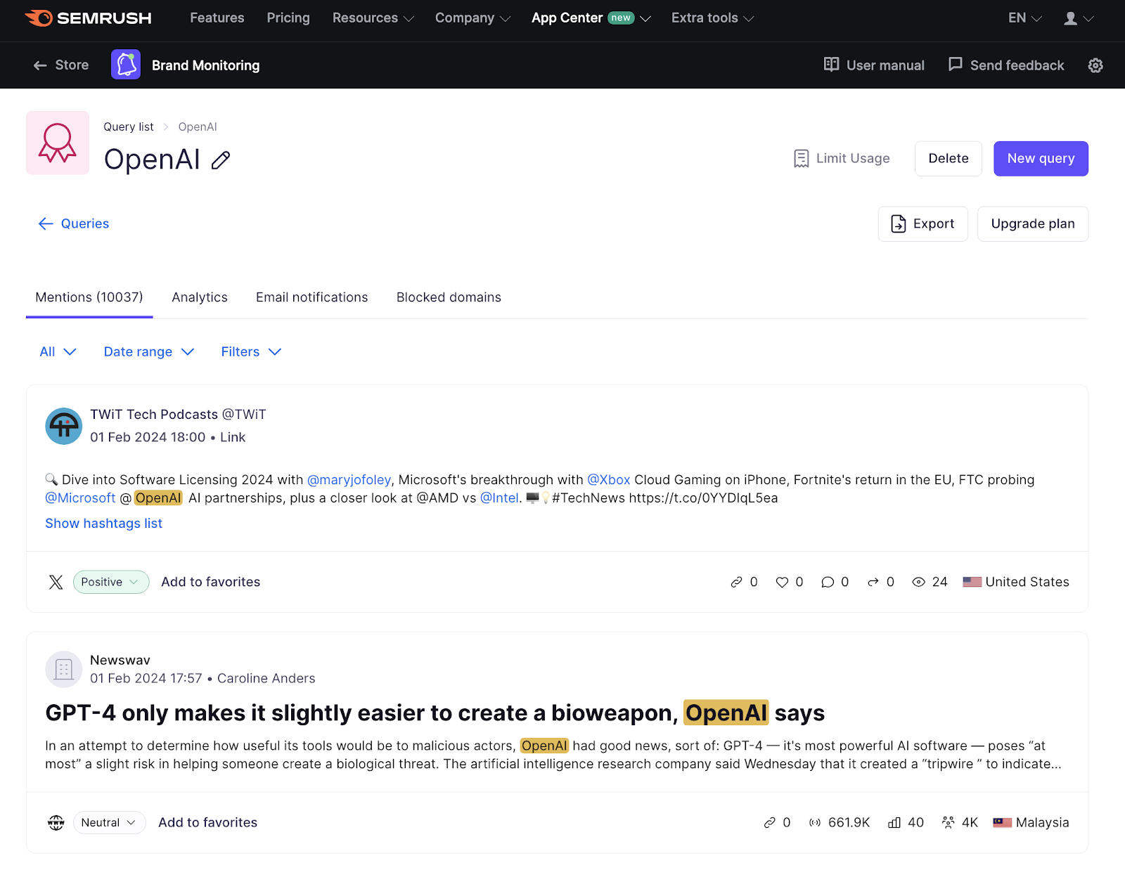 Semrush Brand Monitoring tool interface showing mentions for "OpenAI" with two entries: a tweet and an article