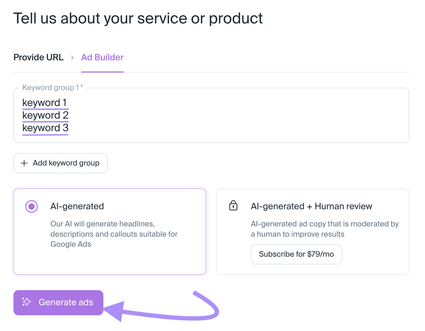 Ventana "Háblanos de tu servicio o producto" en el Generador de textos publicitarios AI