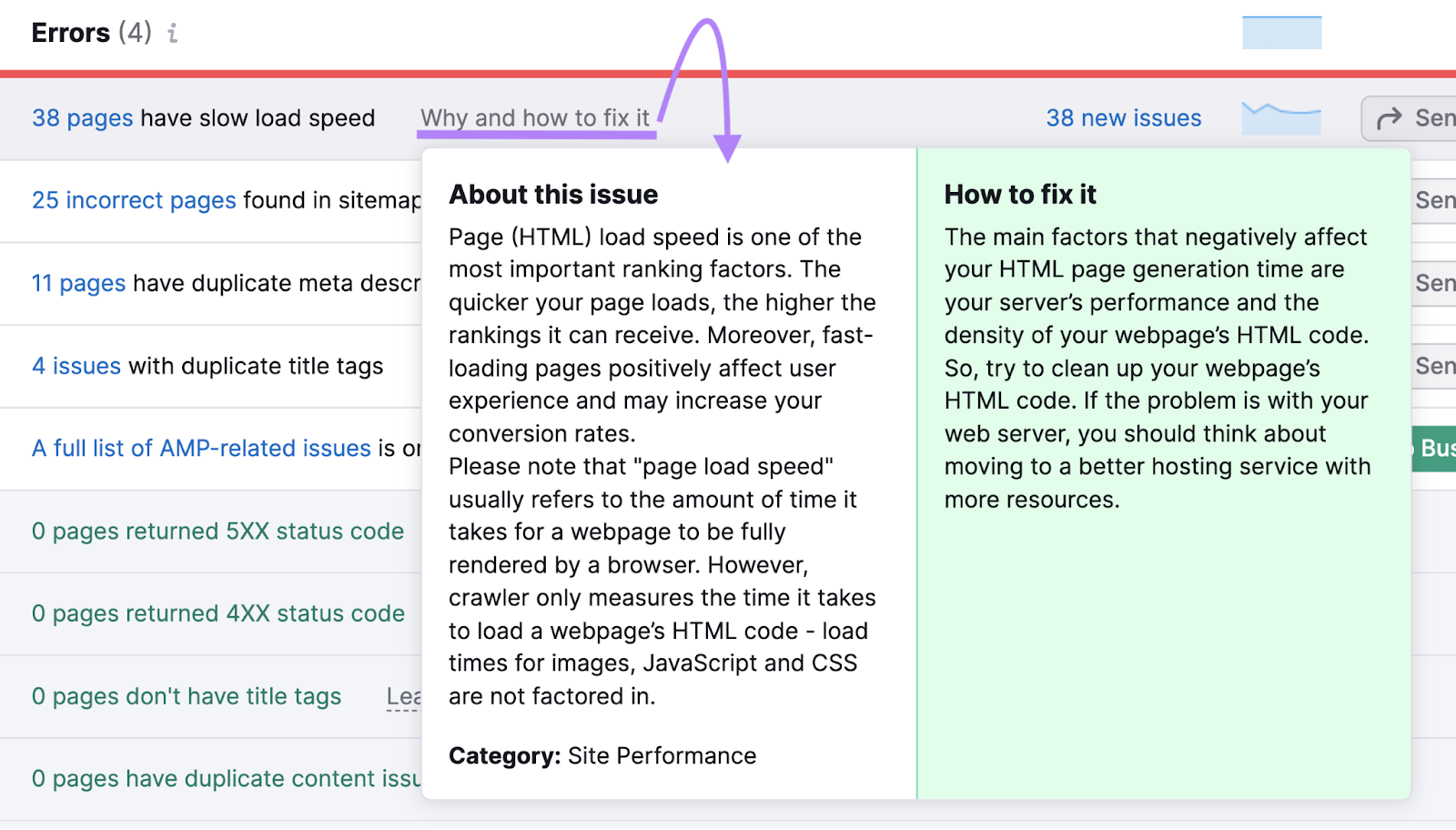 "Why and how to fix it" pop-up in Site Audit, explaining an page HTML load speed issue