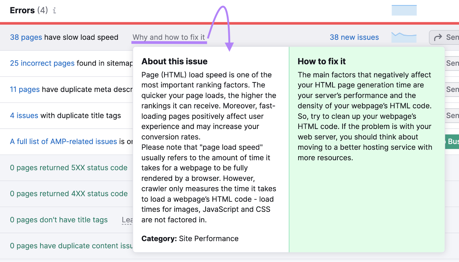 "Warum und wie man es behebt"-Pop-up in Site Audit, das ein Problem mit der HTML-Ladegeschwindigkeit einer Seite erklärt