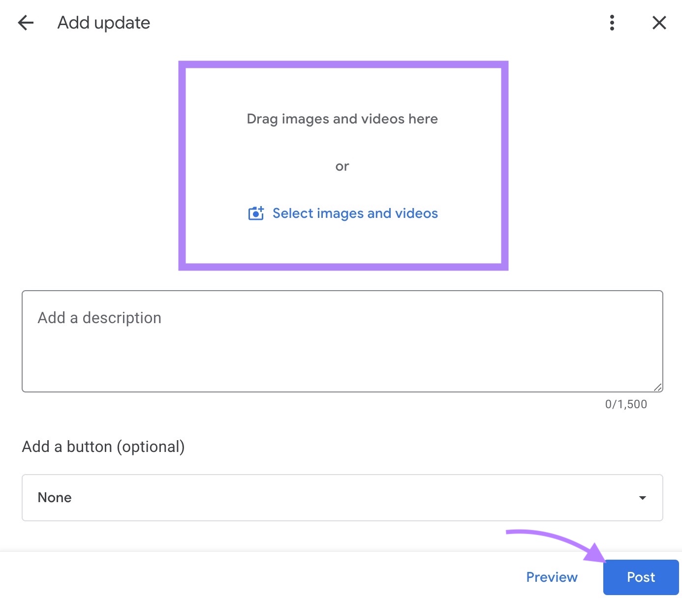 The "Add update" window on GBP with input boxes to add a photo, description, and button.