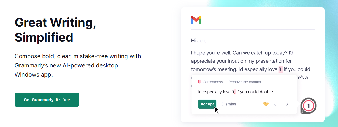 Grammarly landing page with UVP