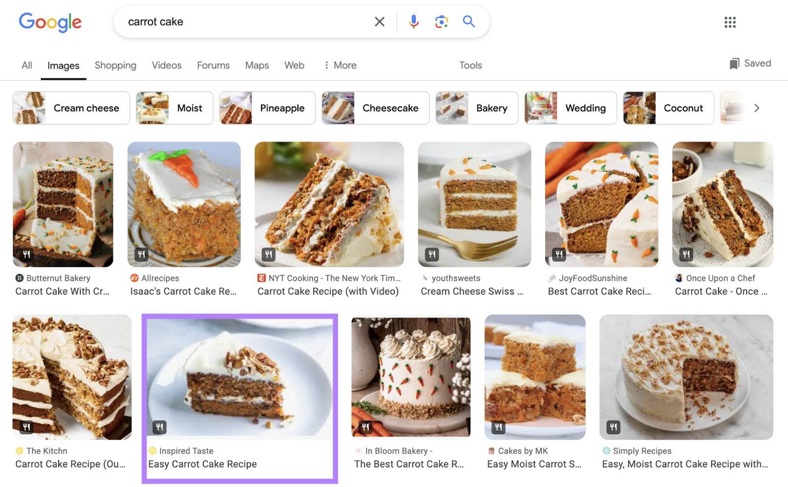 That same carrot cake image above appears in image results for the keyword "carrot cake"