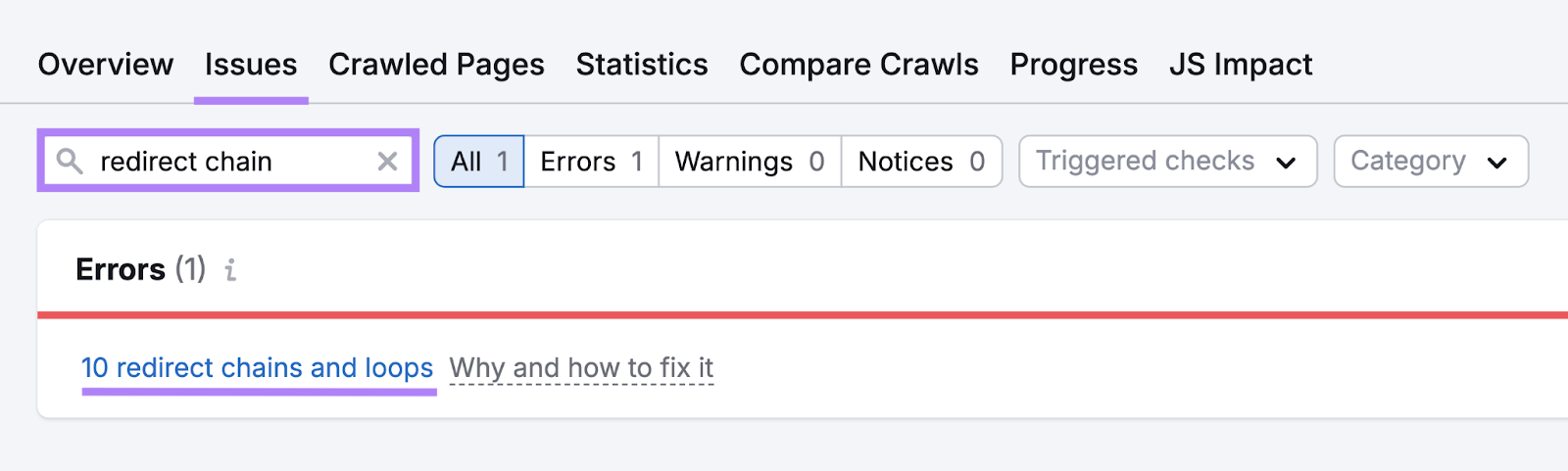 For this example, 10 redirect chains and loops were discovered during the site audit.