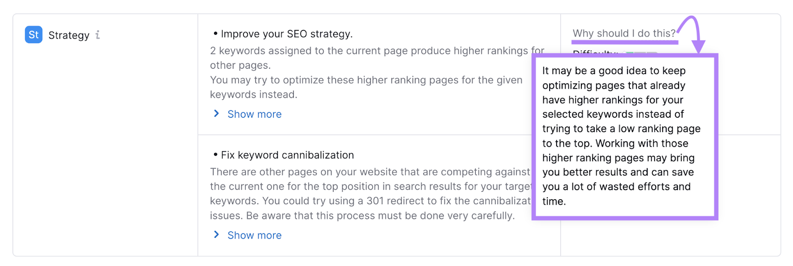 "Why should I do this?" pop-up in On Page SEO Checker