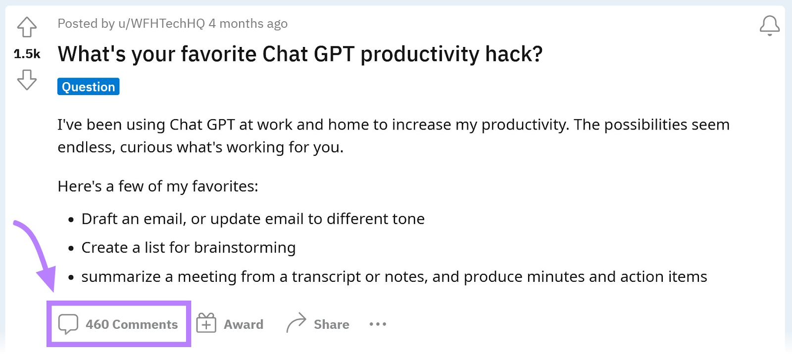 an example of a post from Reddit on "What’s your favorite Chat GPT productivity hack?" showing the number of comments it has