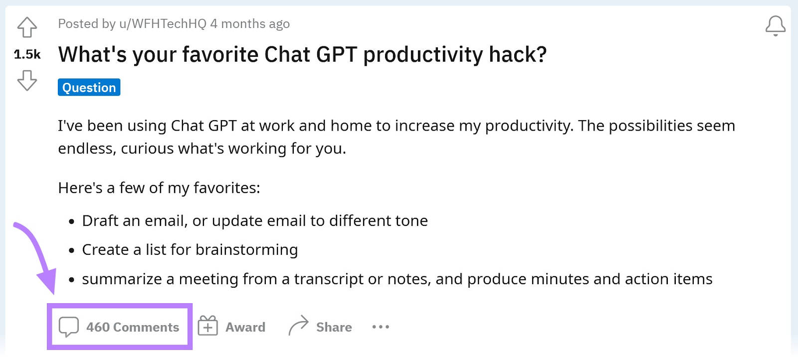 an example of a post from Reddit on "What’s your favorite Chat GPT productivity ****?" showing the number of comments it has