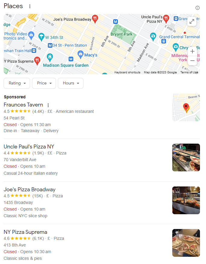 an example of Google local pack showing pizza places