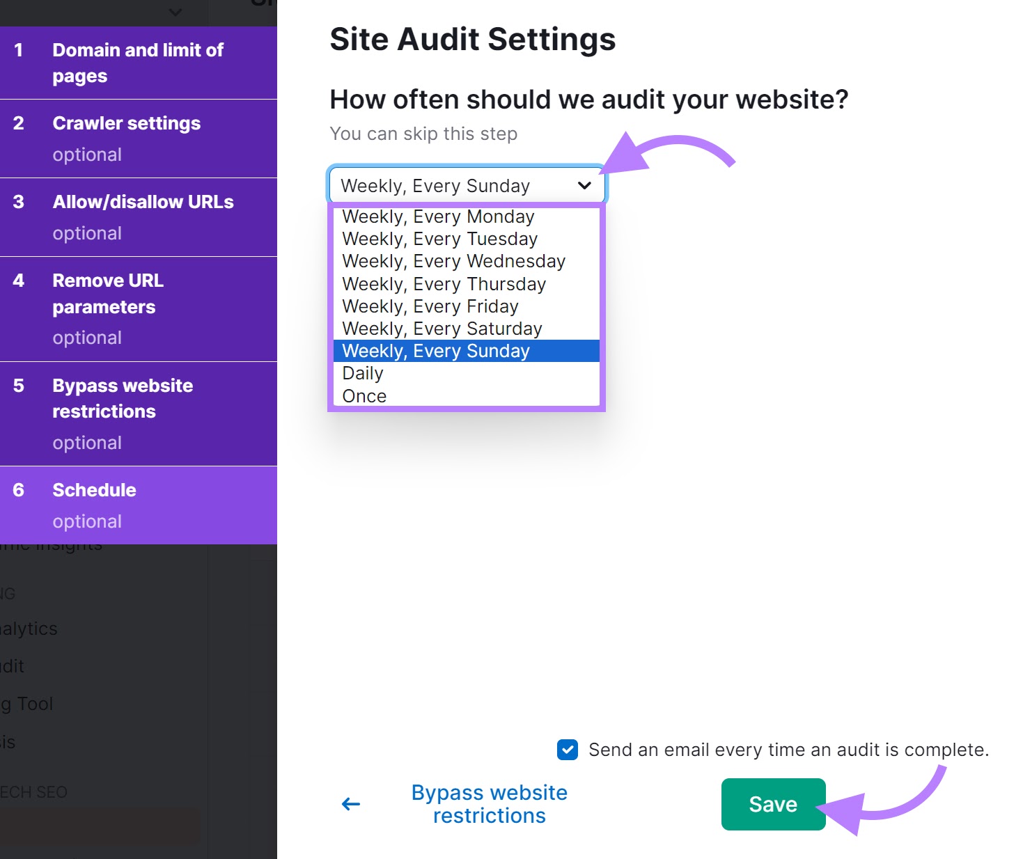 "Schedule" tab of the Site Audit Settings with the schedule drop-down menu open and the "Save" button highlighted.
