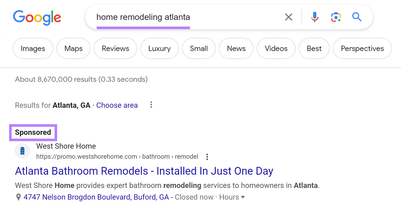Google's SERP for "home remodeling atlanta" query shows a sponsored search result at top