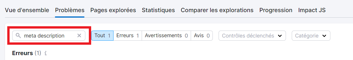 Chercher les problèmes de meta description dans Audit de site