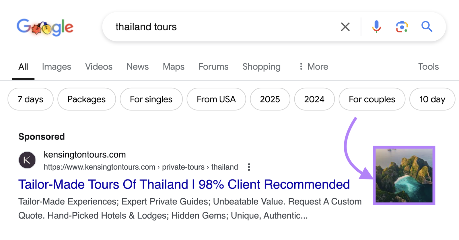 image is highlighted to the right of a google search ad's headline and description