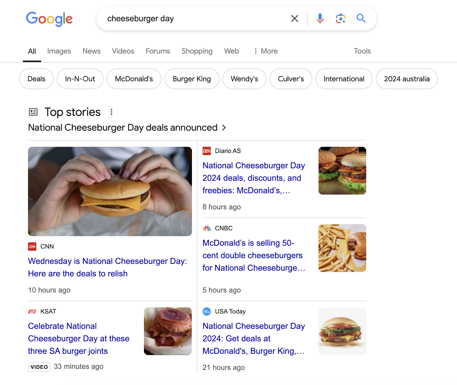 query "cheeseburger day" shows fresh content as Top Stories in search results. The top results shown have been created or updated within 10 hours or even minutes ago.