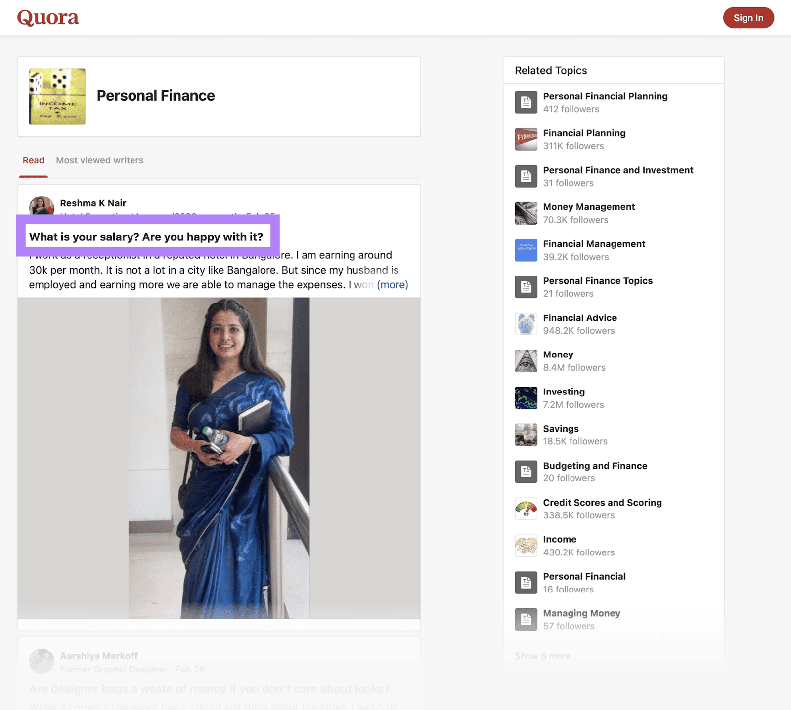 Quora Personal Finance Space with the first question being "What is your salary? Are you happy with it?"