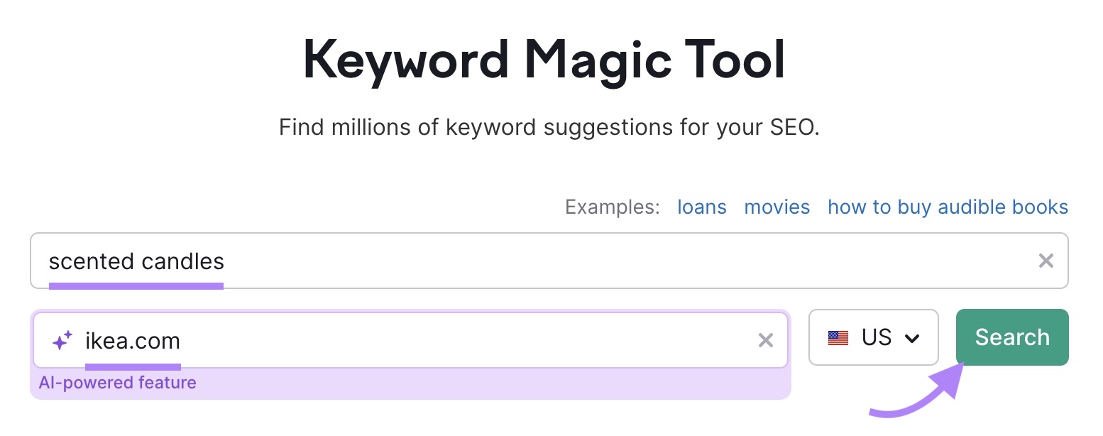 Keyword Magic Tool commencement  with "scented candles" entered arsenic  the keyword, "ikea.com" arsenic  the domain, and "Search" clicked.