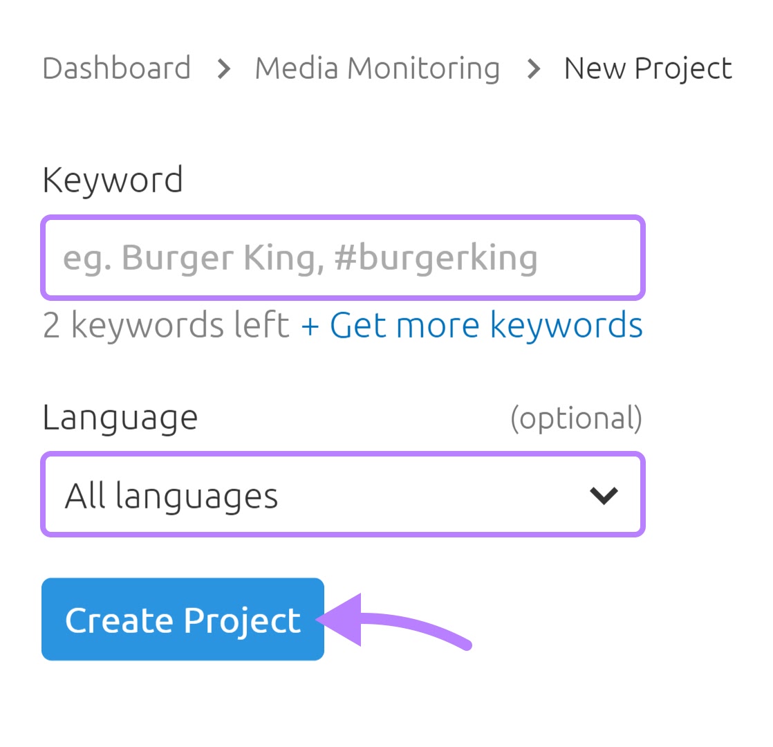 Create a new project in Media Monitoring app