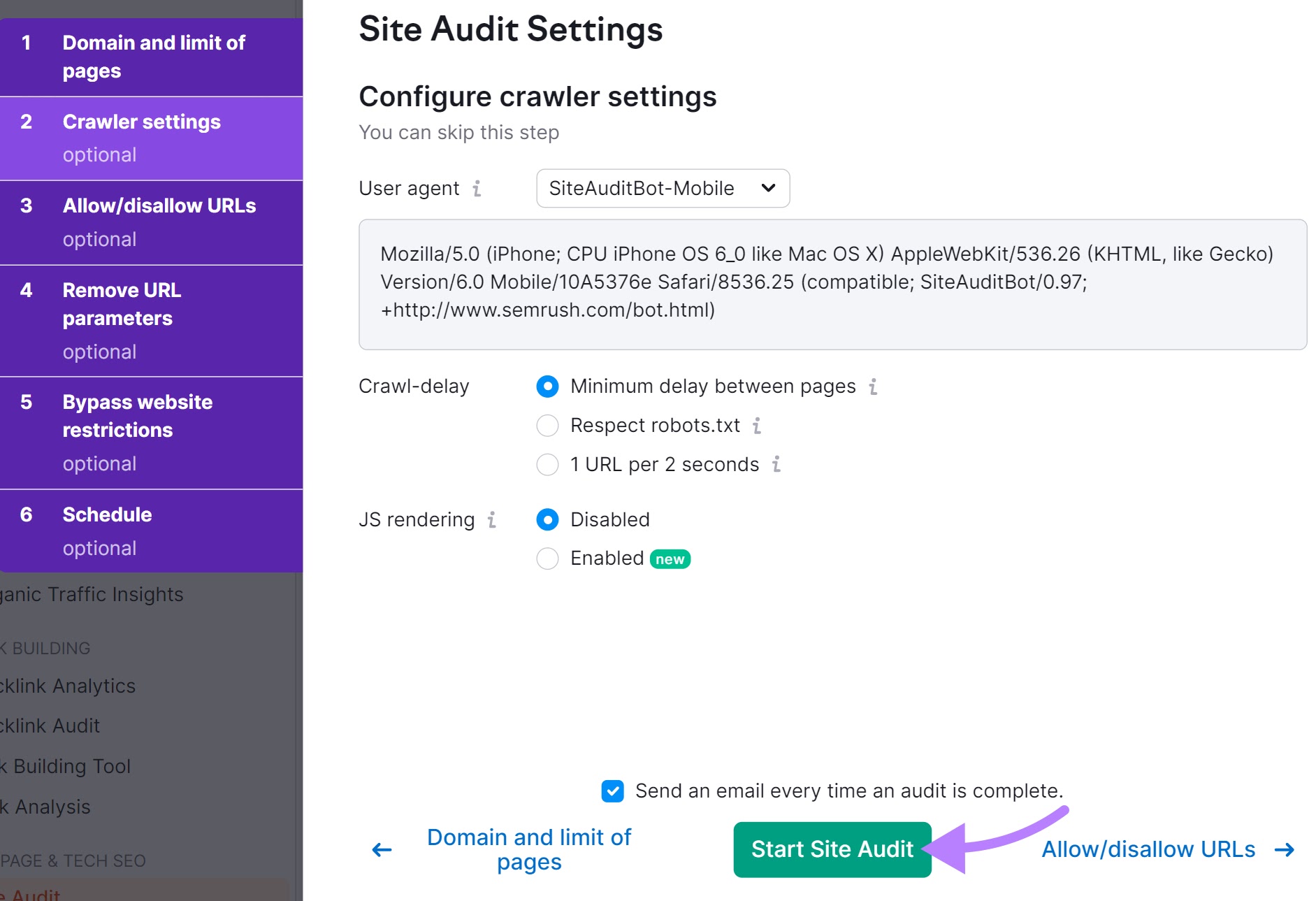 “Start Site Audit" button highlighted in Site Audit Settings
