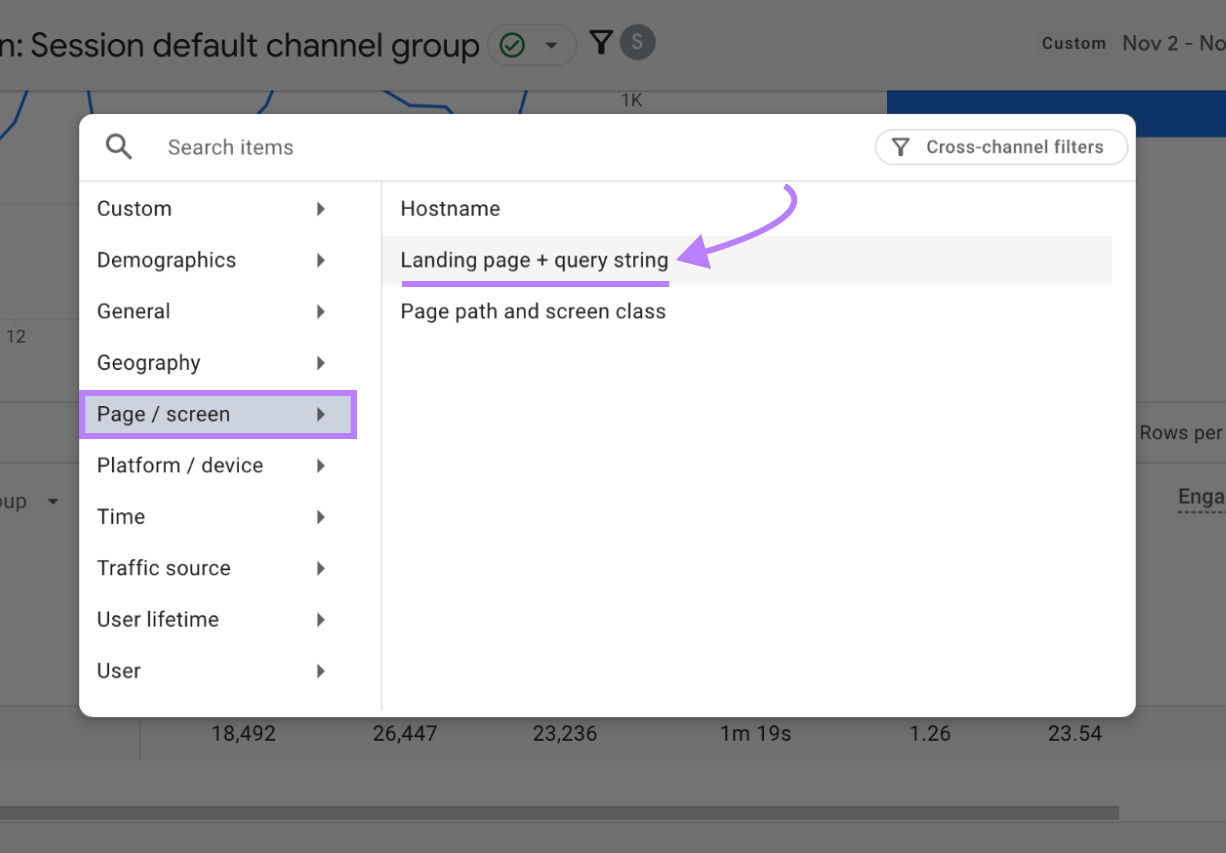 Setting the secondary magnitude  to “Page / screen” > “Landing leafage   + query string"