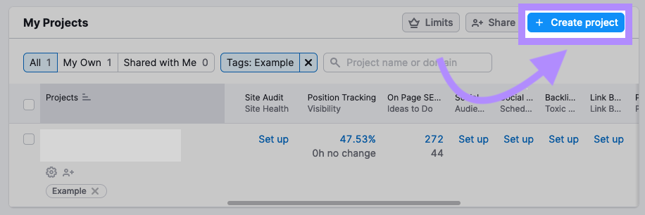 “+ Create project” button highlighted at the top of the “My Projects” section in Semrush