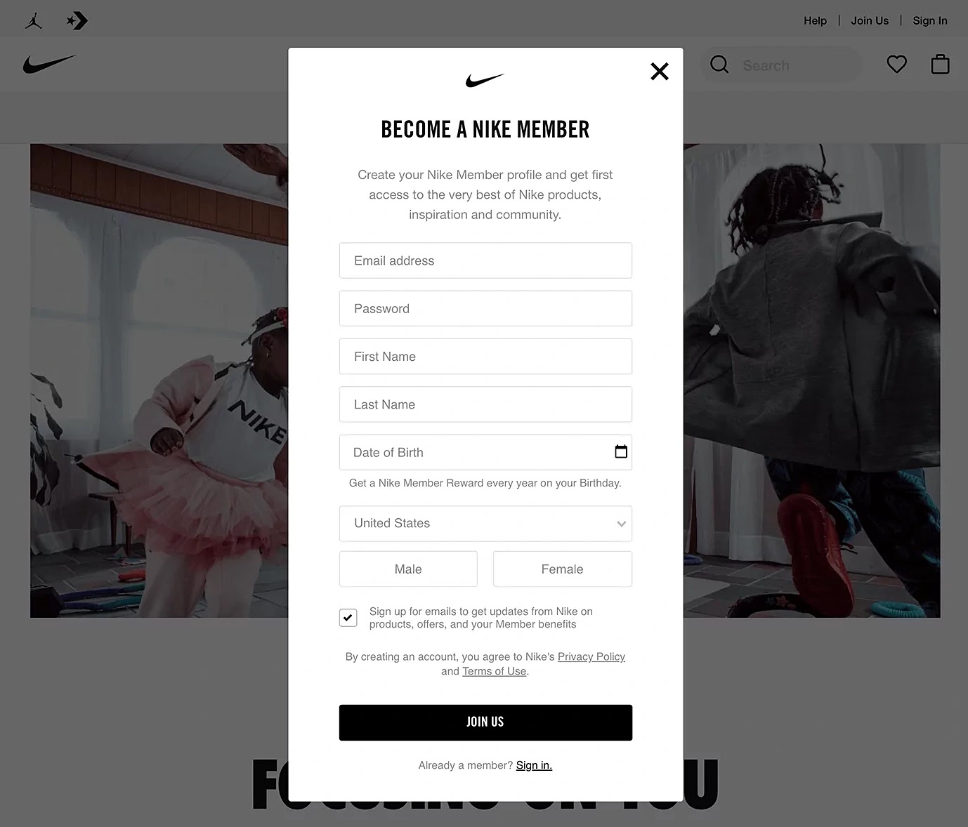 Nike's "Become a Nike Member" form
