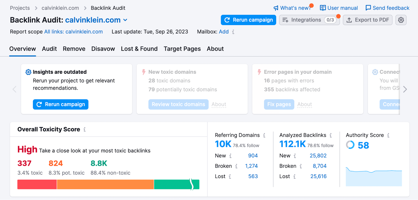 Um painel de visão geral na ferramenta Backlink Audit