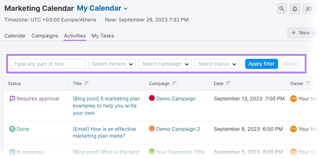 Marketing Calendar's filters