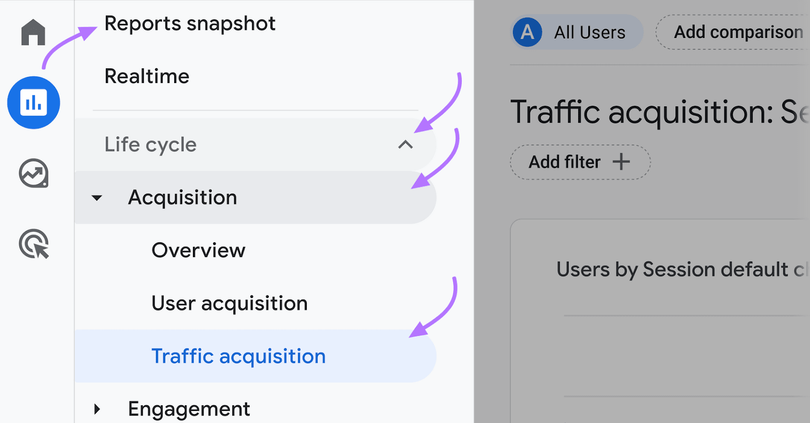 navigating to “Traffic acquisition” in Google Search console left-side menu