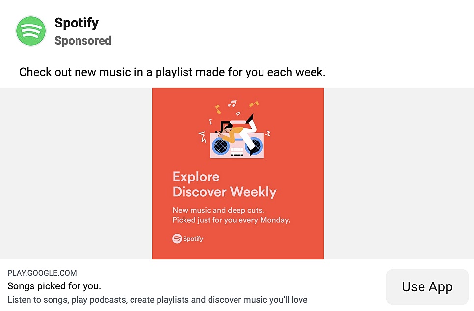 Spotify's Facebook ad with "Check out new music in a playlist made for you each week" text